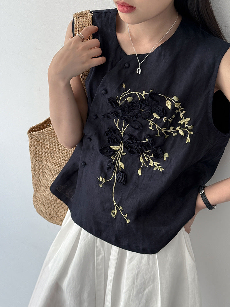 韓系刺繡新中式亞麻無袖馬甲-2色