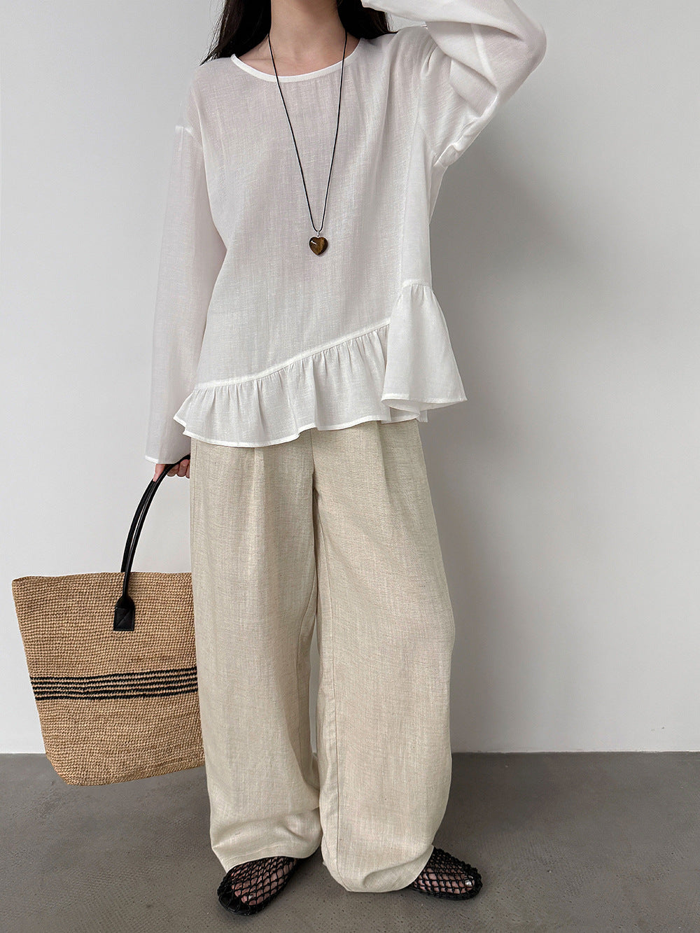 韓系亞麻垂墜感鬆緊腰闊腿褲-3色