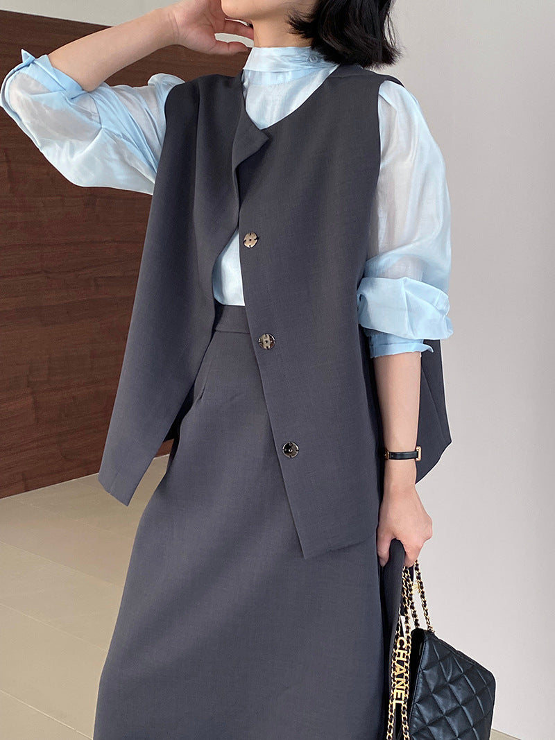 韓版高品質顯瘦西裝無袖馬甲+半身裙+配腰帶-三件式套裝