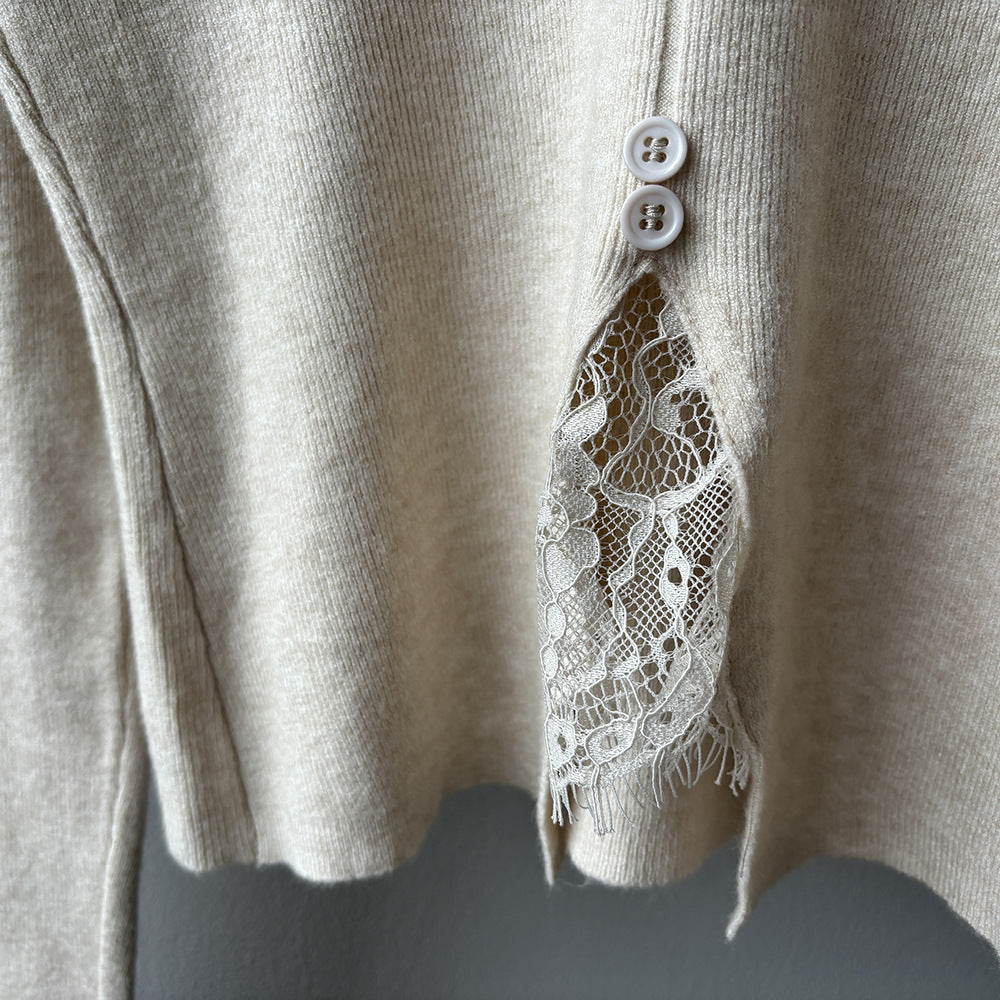 (48H出貨)法式蕾絲拼接V領針織打底衫-4色