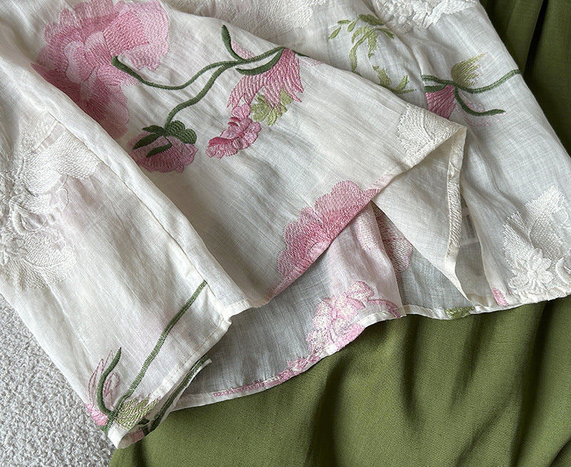 韓系度假風刺繡苧麻圓領寬鬆上衣