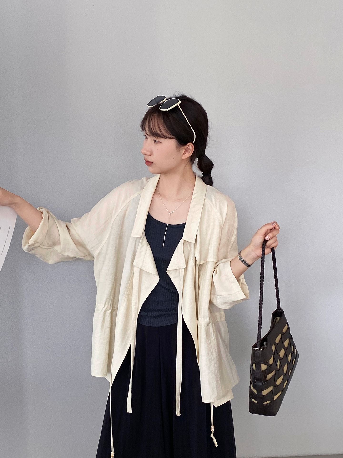 法式杏色亞麻收腰防曬襯衫
