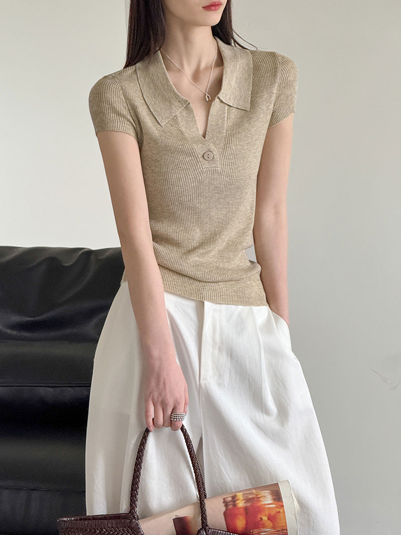 韓系設計感翻領短袖修身顯瘦針織T恤-5色