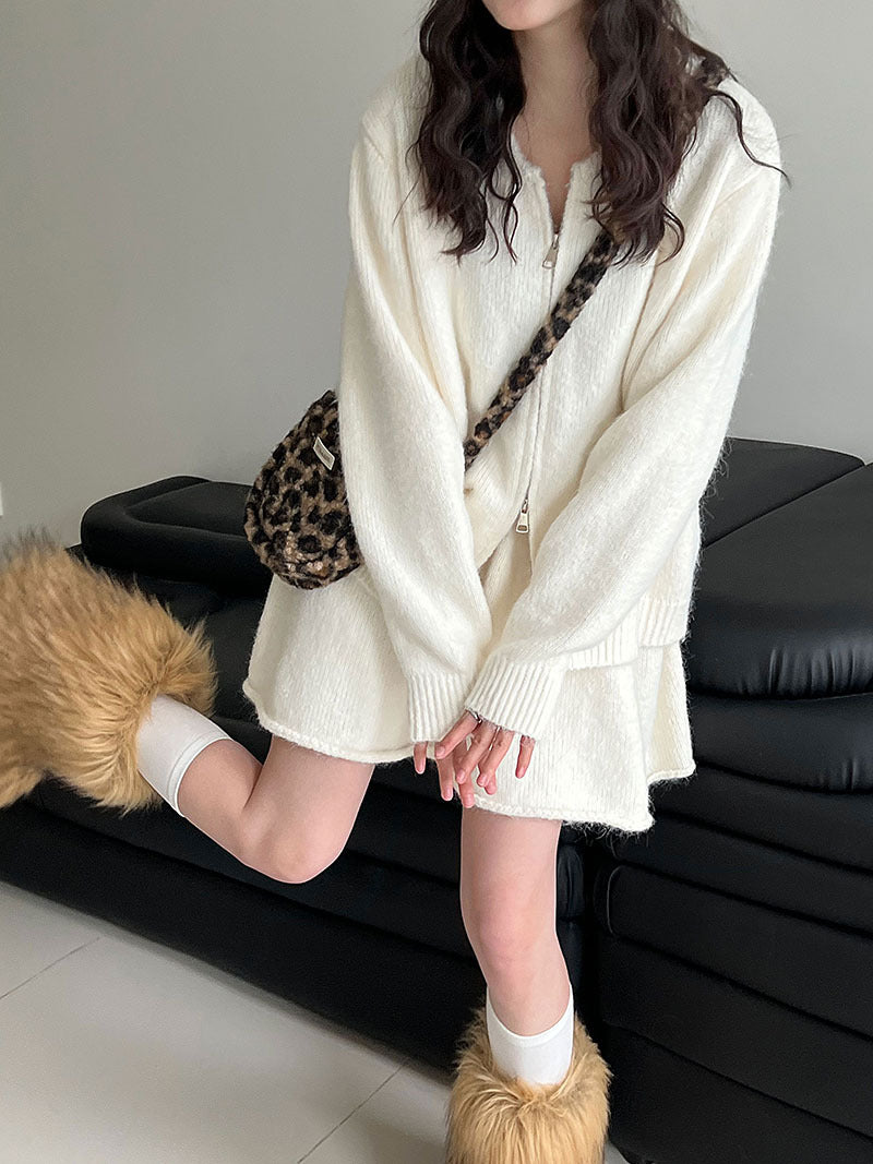 韓系軟糯休閒針織毛衣+卷邊A字短裙-兩件式套裝-3色