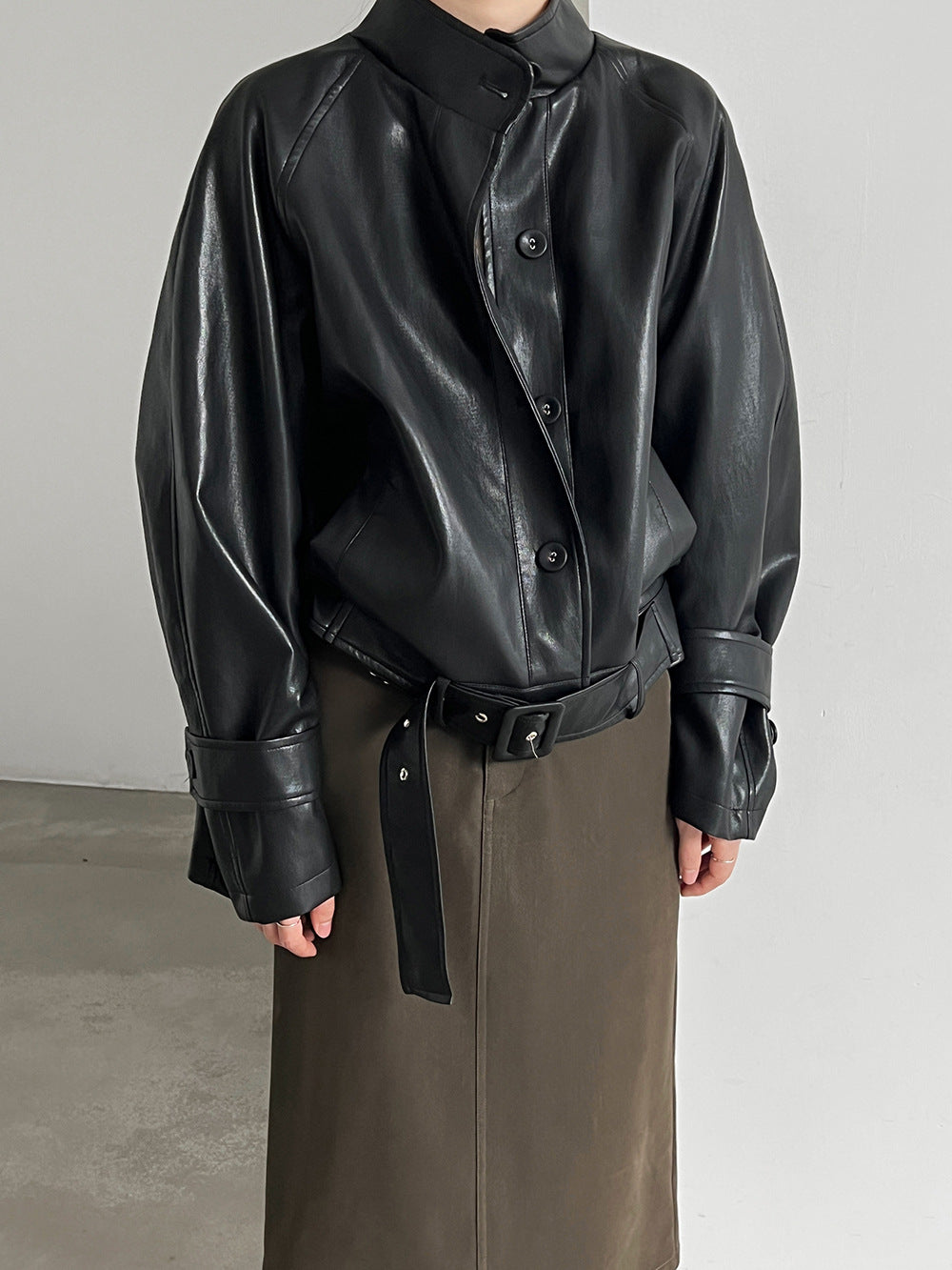 復古經典立領PU皮衣收腰機車外套-2色