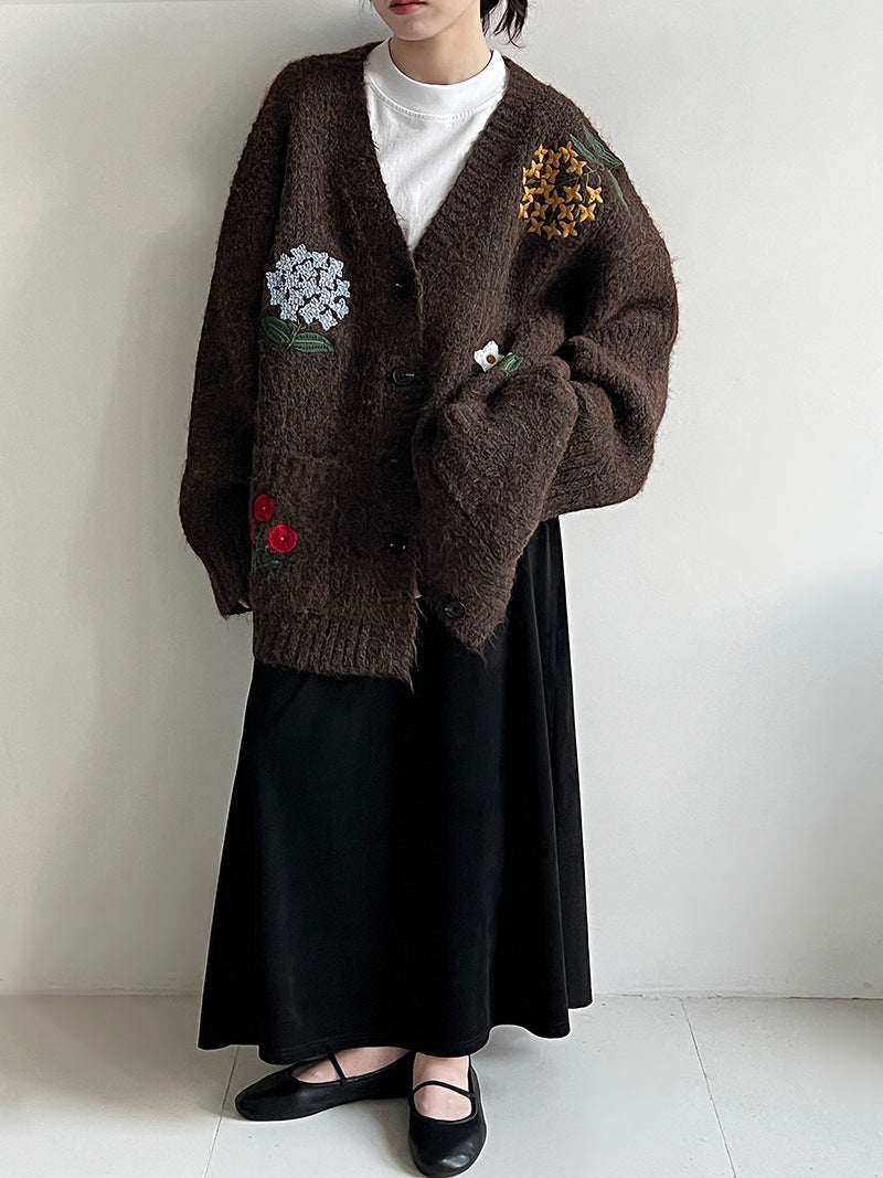 韓系復古軟糯花卉刺繡針織開衫外套-4色