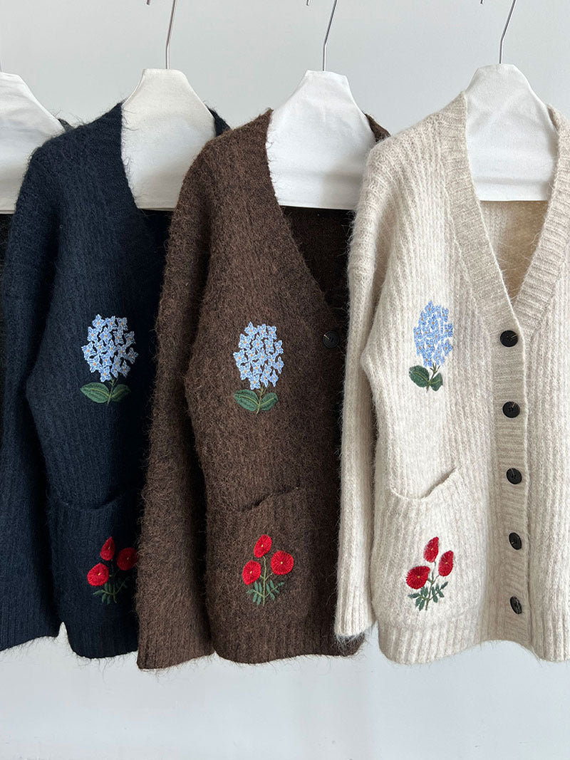 韓系復古軟糯花卉刺繡針織開衫外套-4色