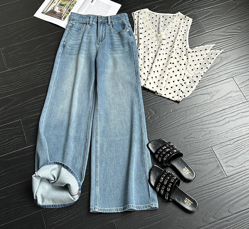 韓系高腰顯瘦寬鬆微喇褲牛仔闊腿褲