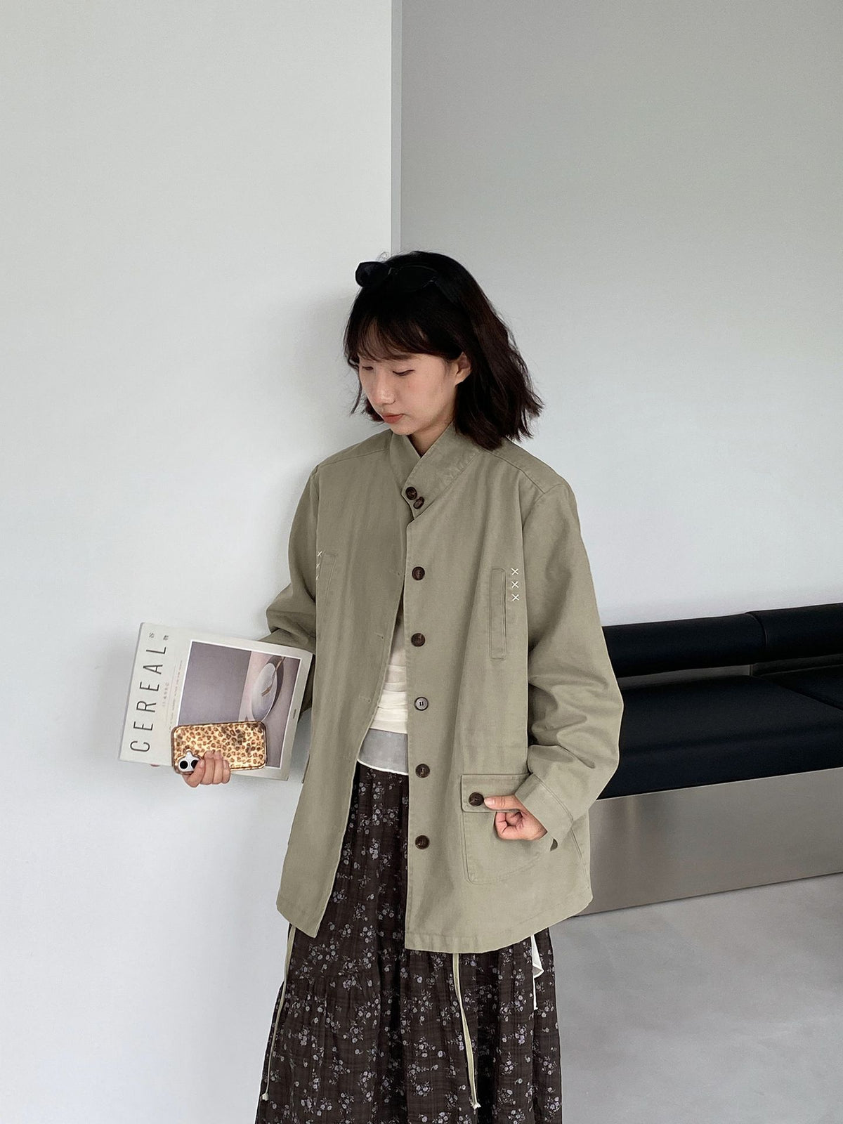 復古刺繡工裝風衣立領長袖外套-2色