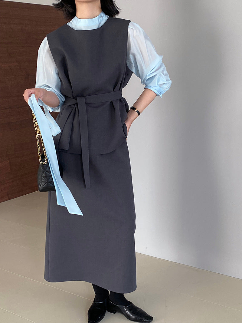 韓版高品質顯瘦西裝無袖馬甲+半身裙+配腰帶-三件式套裝