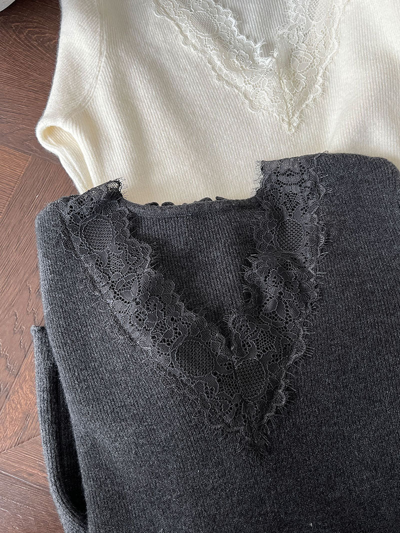 法式修身氣質蕾絲V領顯瘦內搭針織上衣-3色