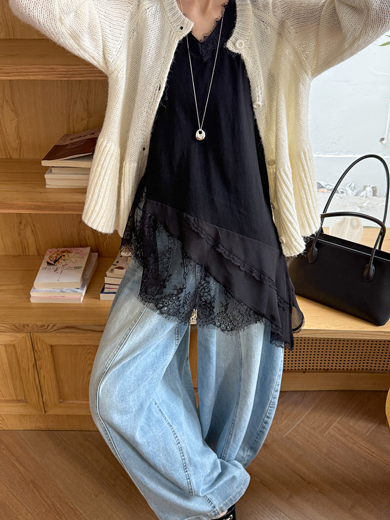 韓系優雅白月光網紗拼接透視針織打底衫-2色