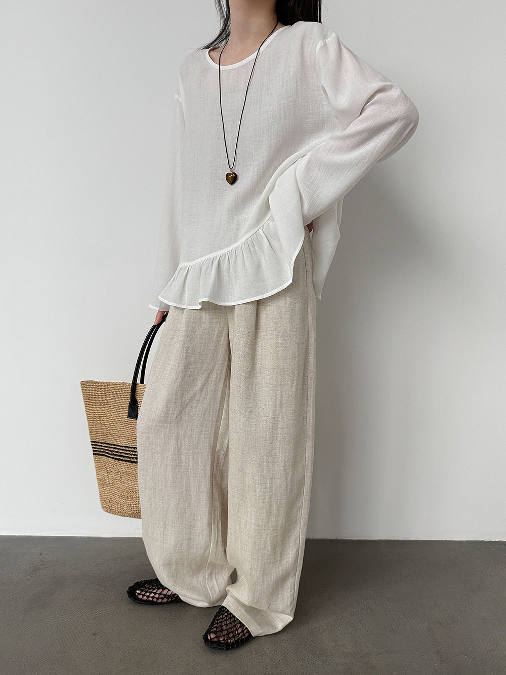 韓系亞麻垂墜感鬆緊腰闊腿褲-3色
