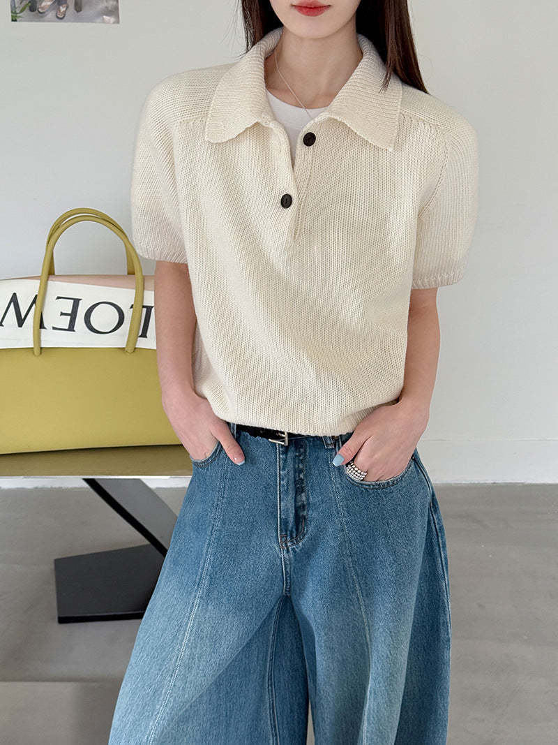 韓系氣質疊穿簡約Polo領針織顯瘦短袖毛衣-3色