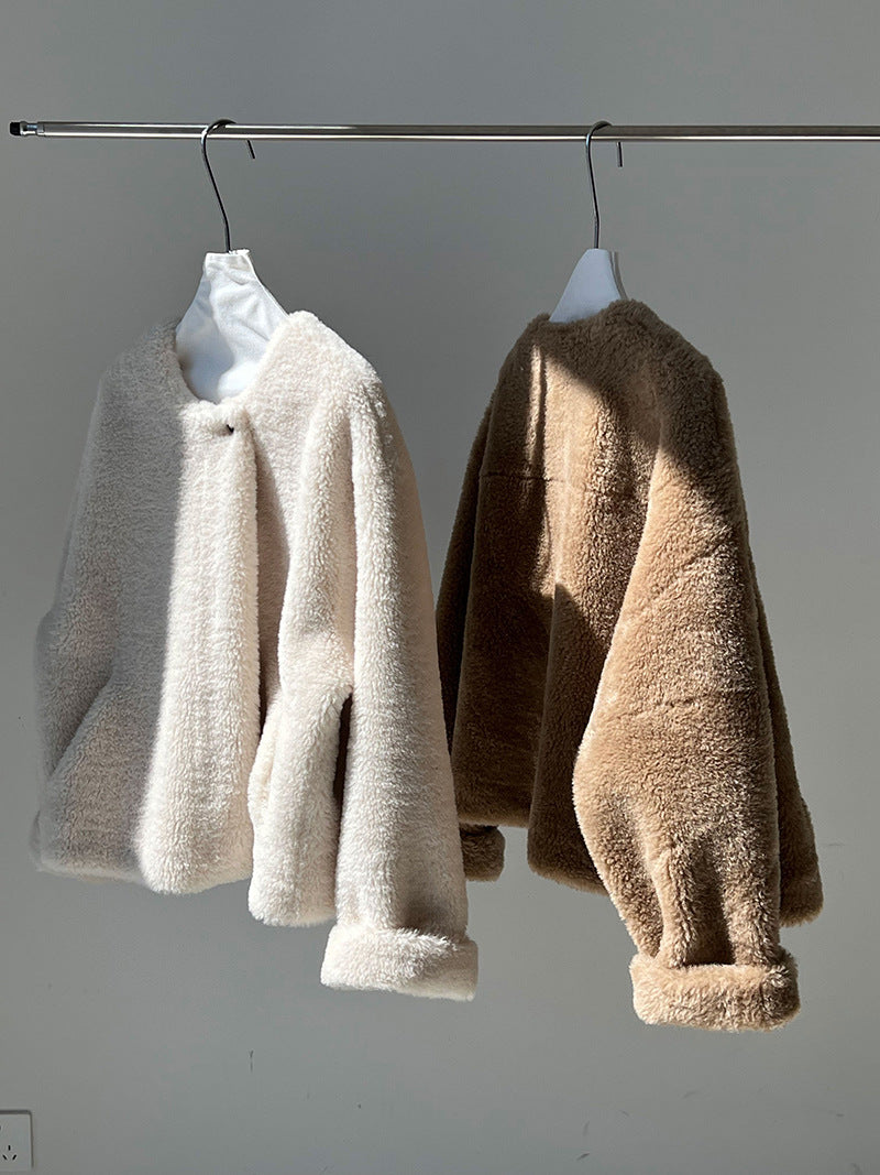 保暖毛絨皮草羊羔毛外套+圍巾-2色