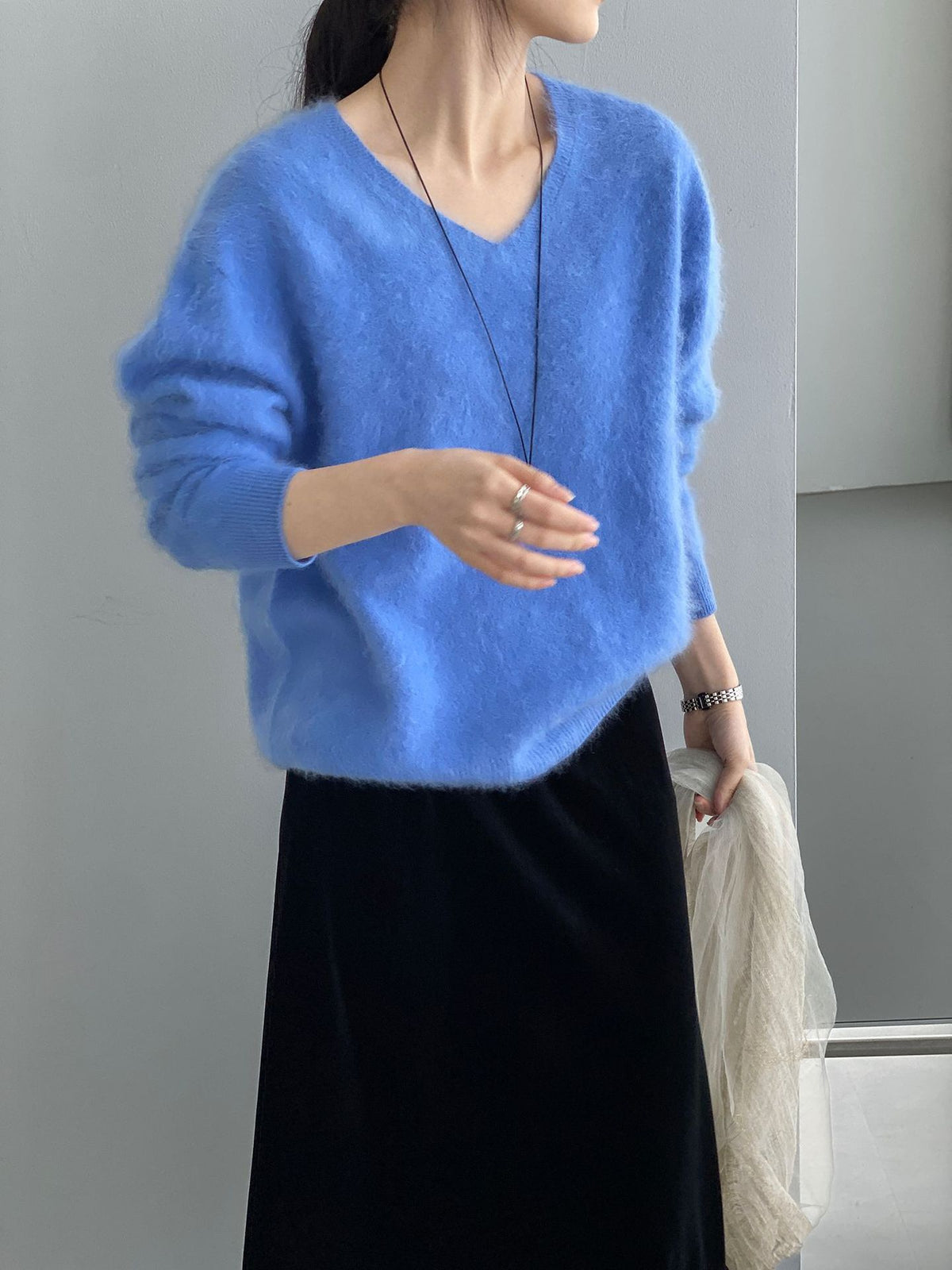 桑蠶絲羊毛V領寬鬆針織毛衣-7色