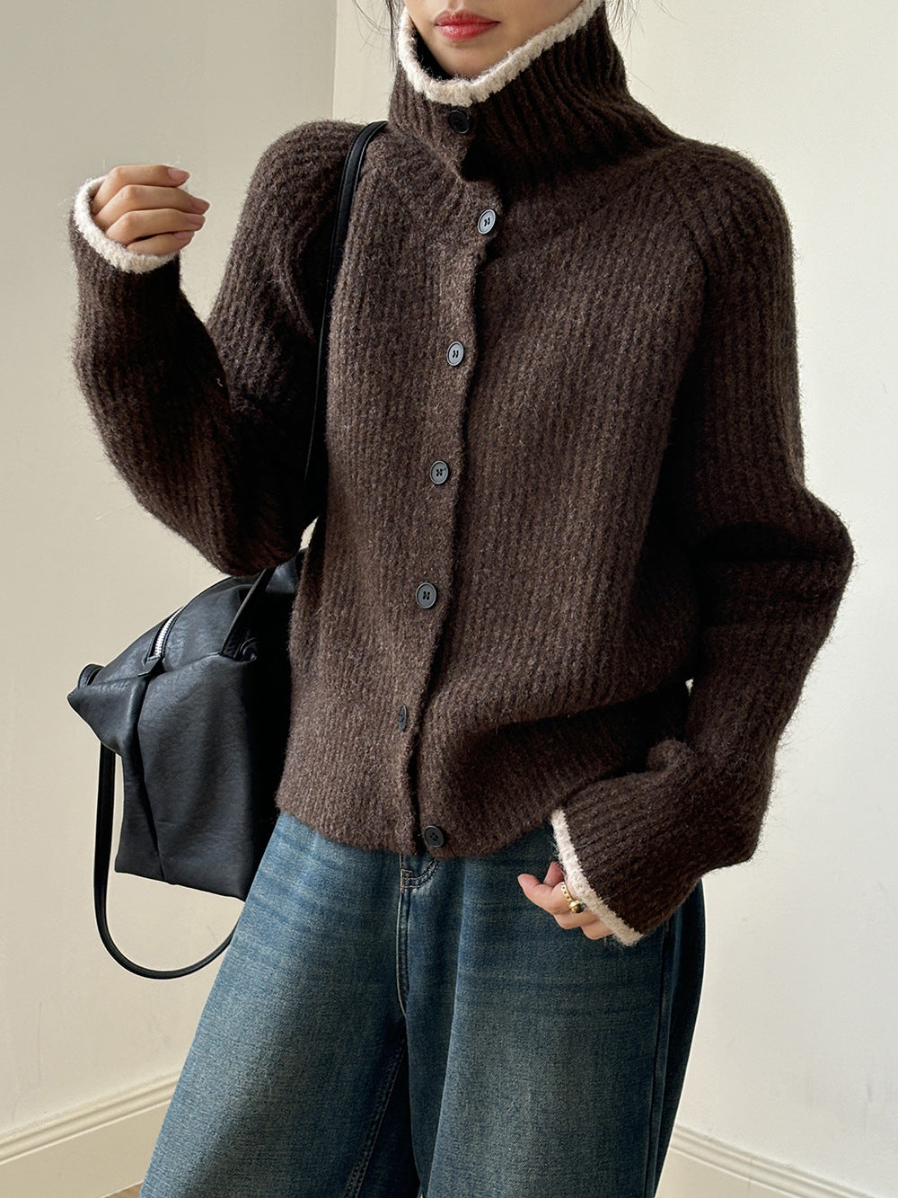 (48H出貨)韓系慵懶撞色翻領單排扣毛衣開衫外套-4色