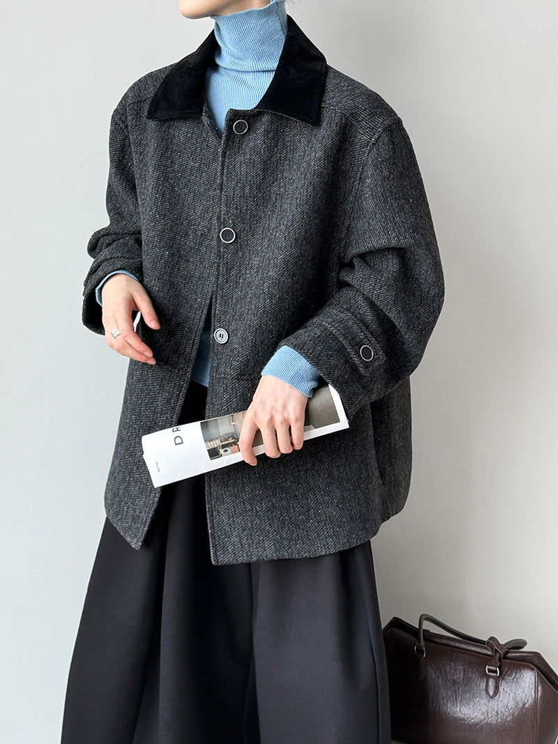 韓系復古翻領氣質撞色羊毛夾克外套-2色