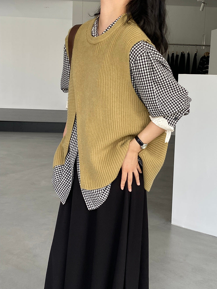 韓版不規則疊穿百搭款針織馬甲上衣-3色