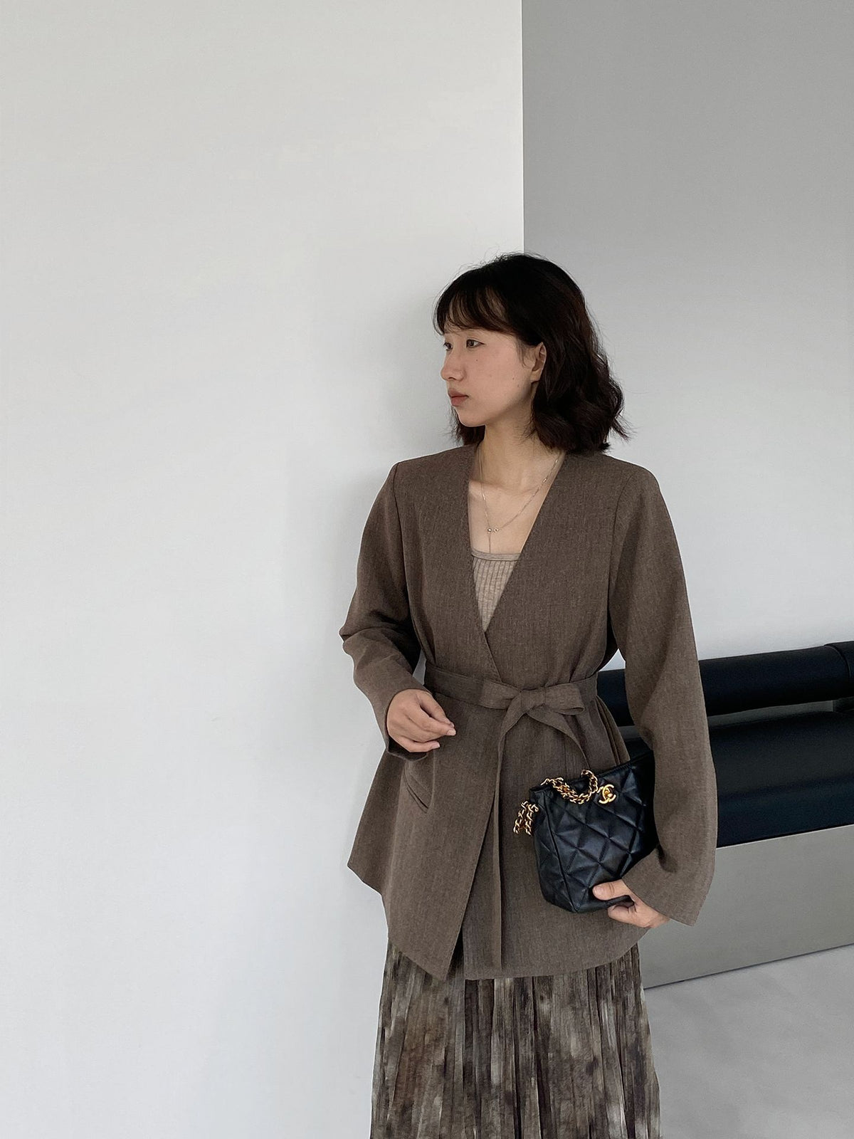 質感無領輪廓綁帶西裝外套+披肩-2色