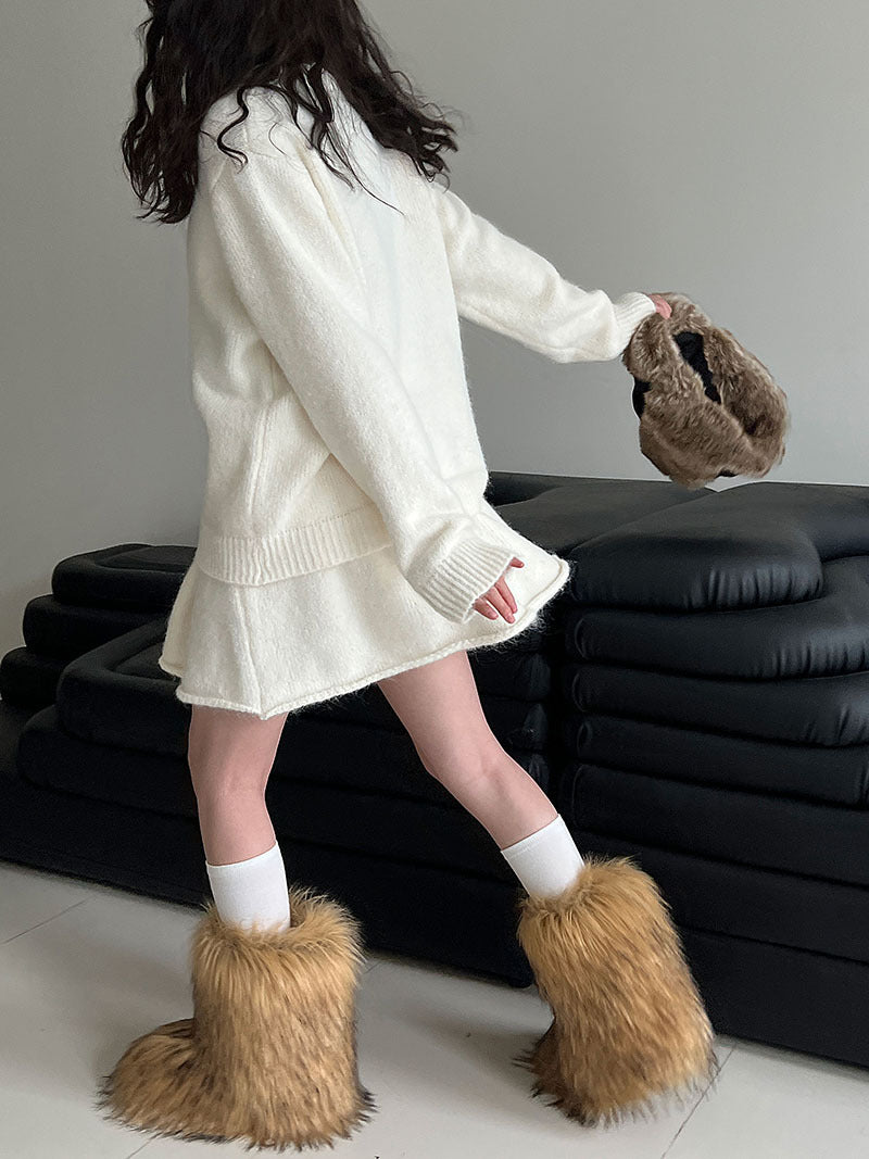 韓系軟糯休閒針織毛衣+卷邊A字短裙-兩件式套裝-3色