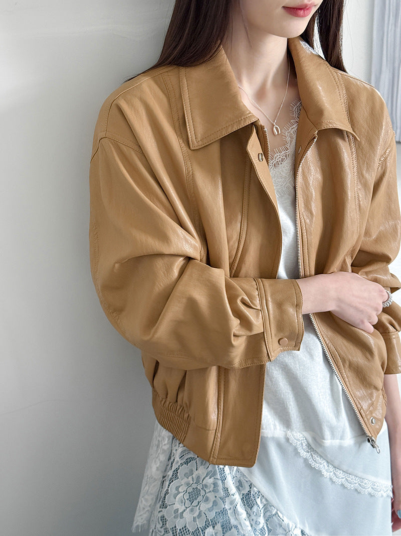 韓版復古翻領拉鍊機車皮衣夾克外套--2色