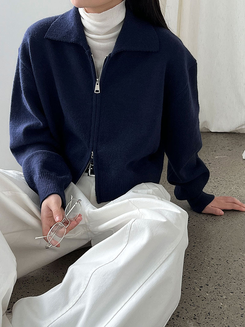 高級感Polo翻領短款雙拉鍊針織外套-4色