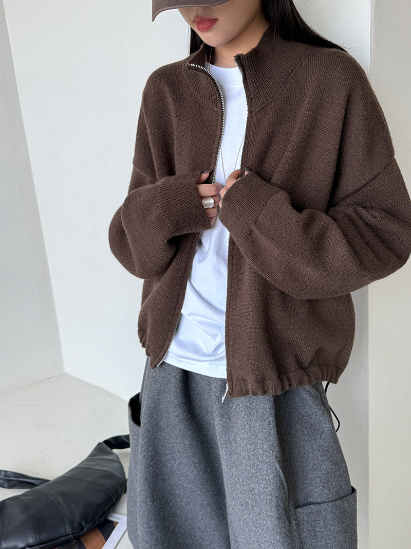韓系簡約立領拉鍊抽繩開衫外套-3色