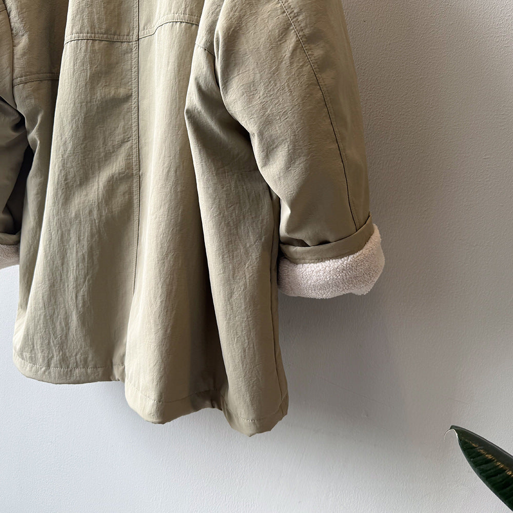 韓系設計感立領羊羔毛工裝保暖派克外套-2色