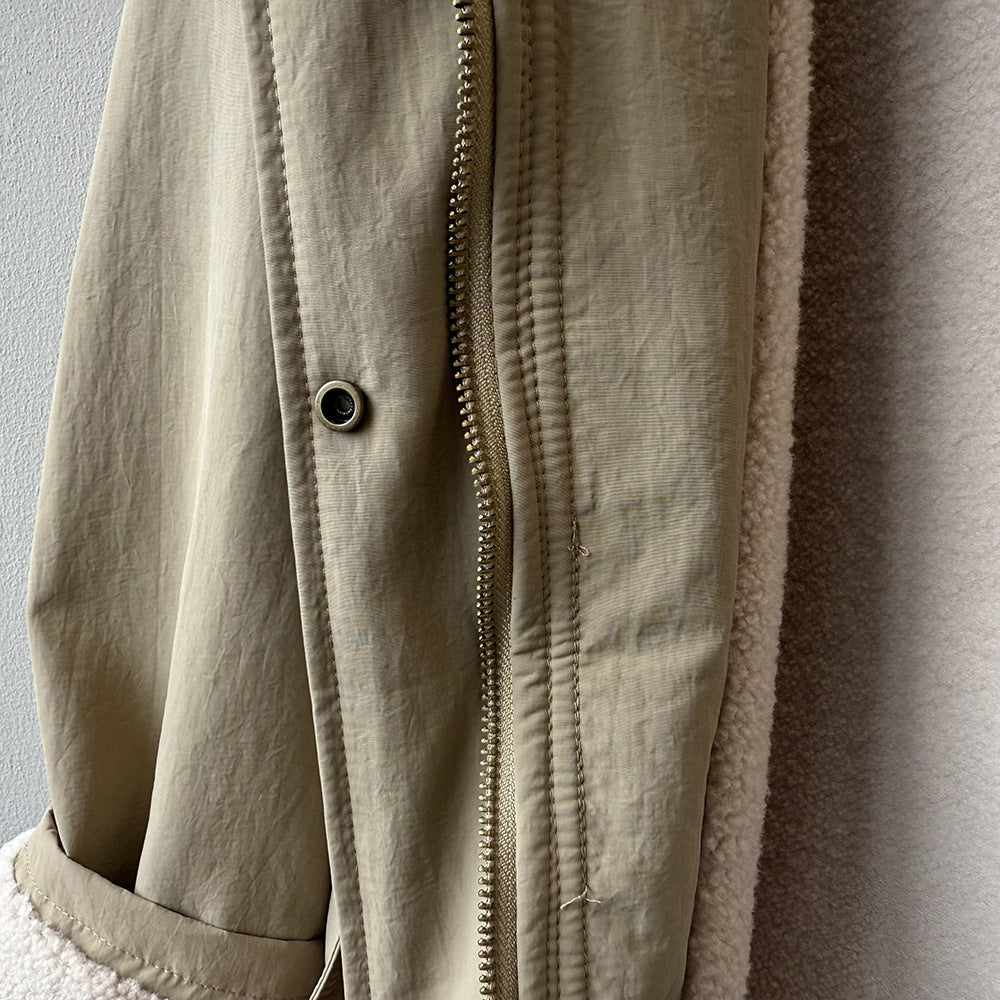 韓系設計感立領羊羔毛工裝保暖派克外套-2色