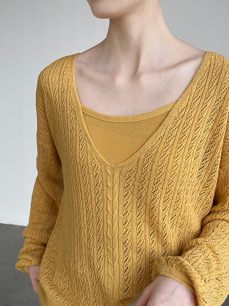 韓系鏤空V領防曬針織罩衫+吊帶上衣-兩件式套裝-4色