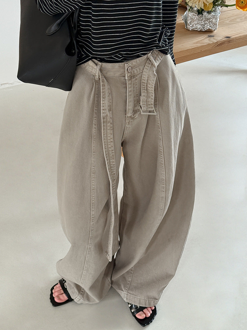 韓系復古高腰寬鬆顯瘦闊腿牛仔褲+腰帶-3色