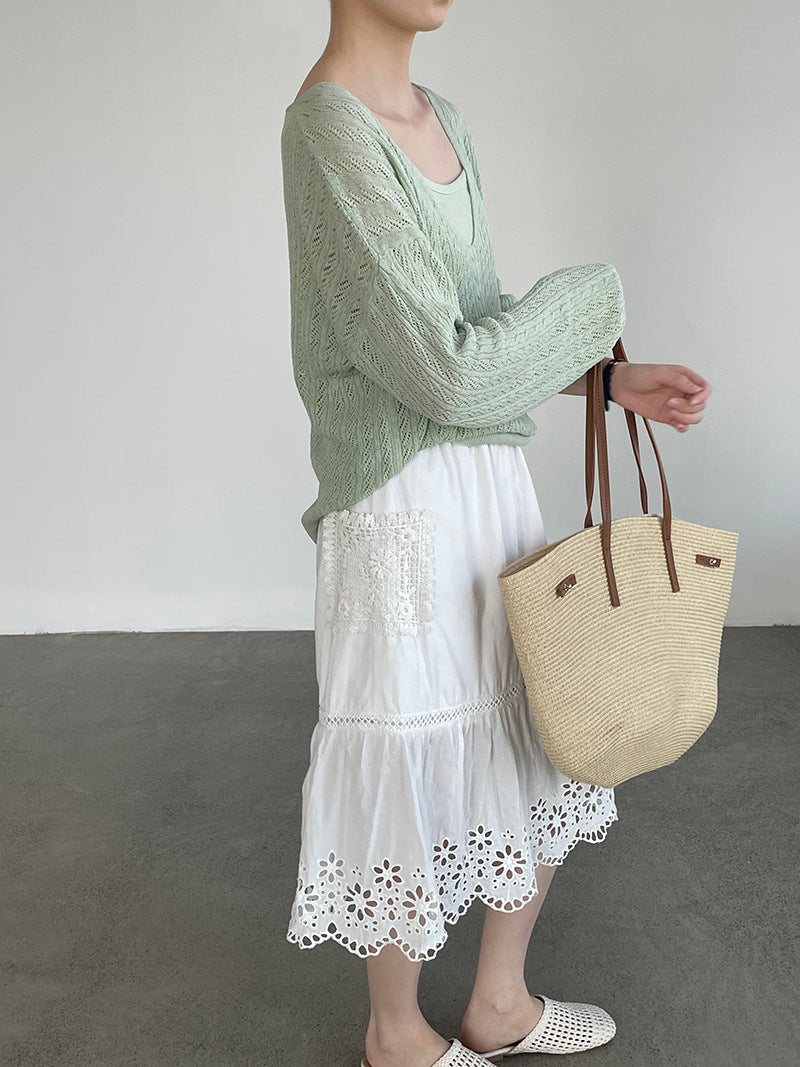 韓系鏤空V領防曬針織罩衫+吊帶上衣-兩件式套裝-4色