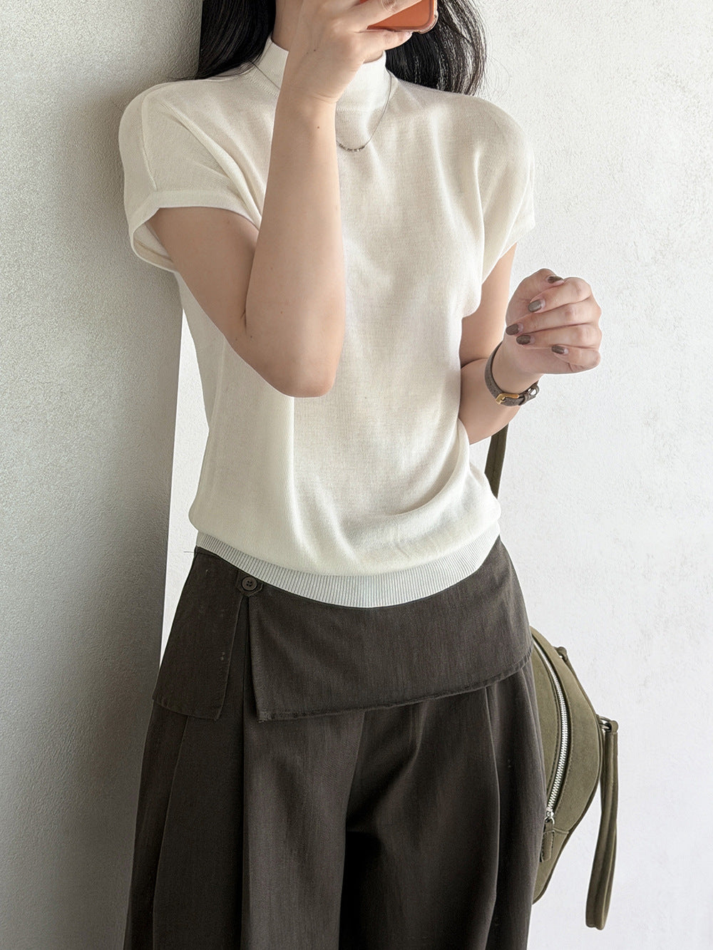 高領小飛袖薄款針織內搭上衣-5色