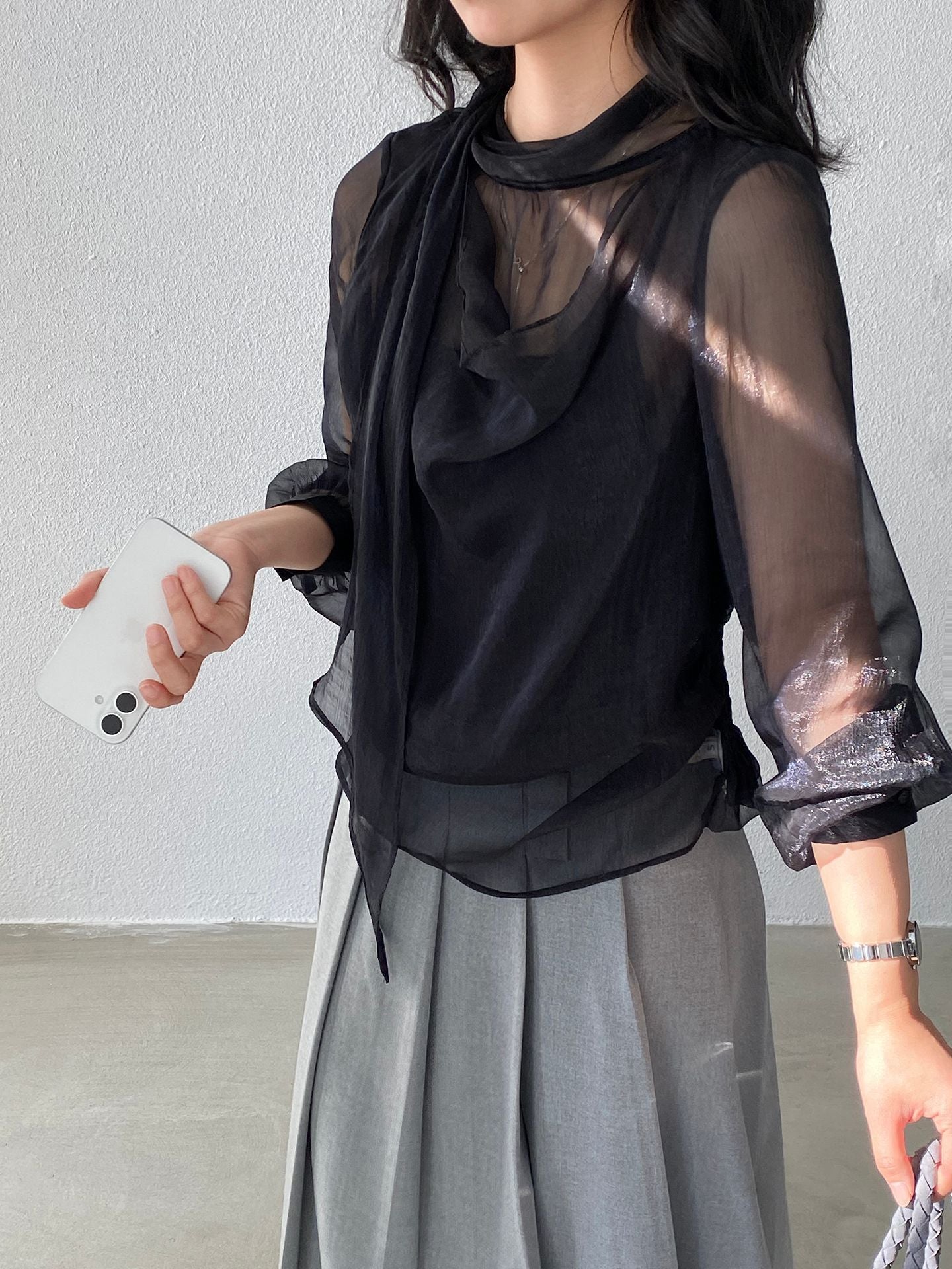 薄霧月光柔軟清透歐根紗飄帶假兩件襯衫-2色