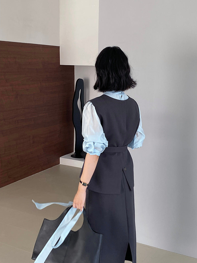 韓版高品質顯瘦西裝無袖馬甲+半身裙+配腰帶-三件式套裝