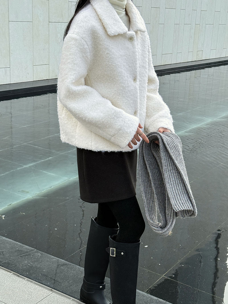 韓版單排扣短款羊羔毛翻領外套-2色