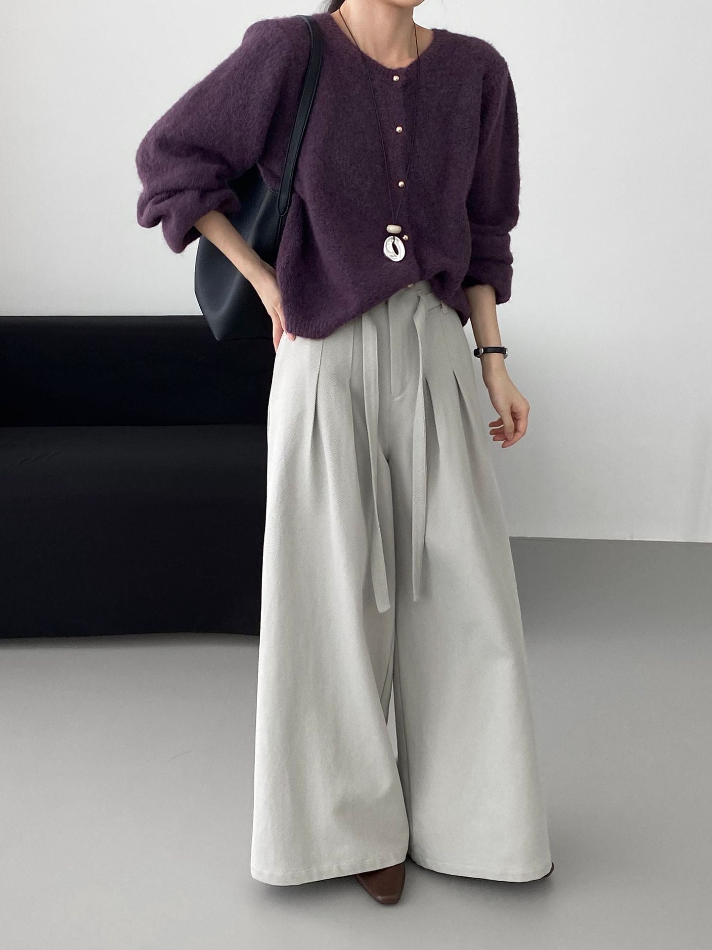 韓系簡約天絲棉繫帶闊腿褲-2色