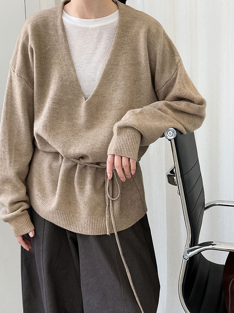 簡約知識風綁帶廓形疊穿V領針織衫-4色