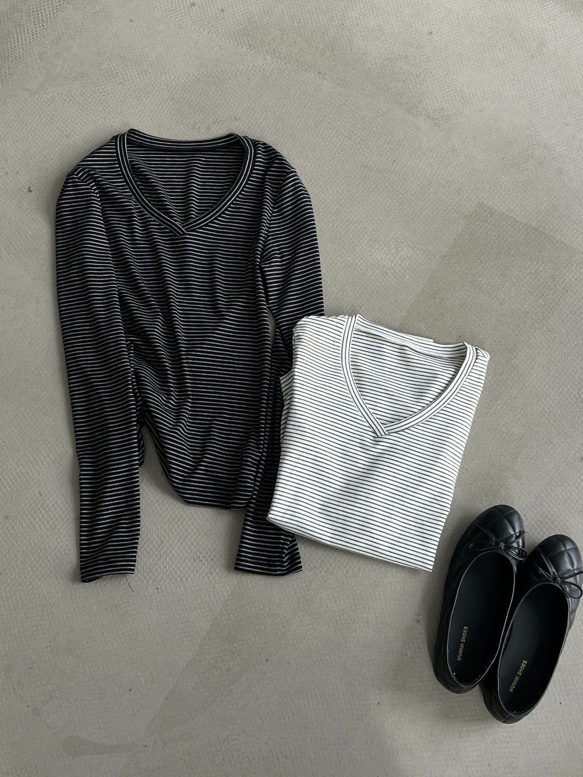 韓系V領條紋修身顯瘦長袖T恤-2色