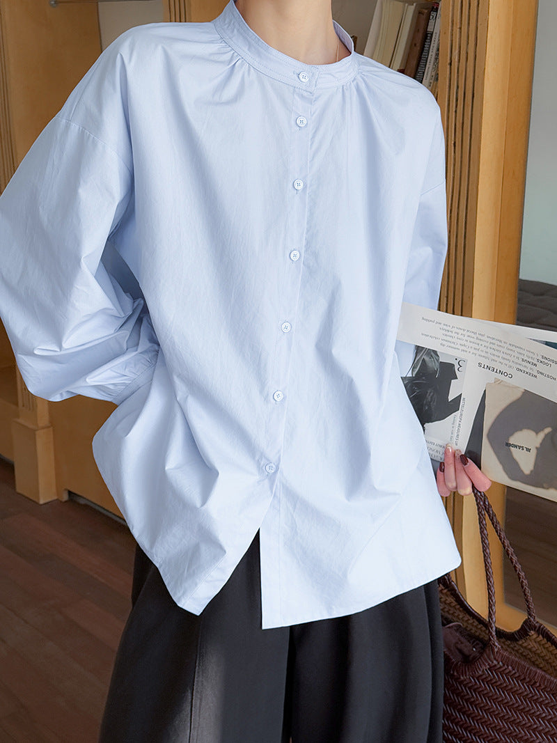 韓系簡約寬鬆通勤純色圓領長袖套頭襯衫-2色