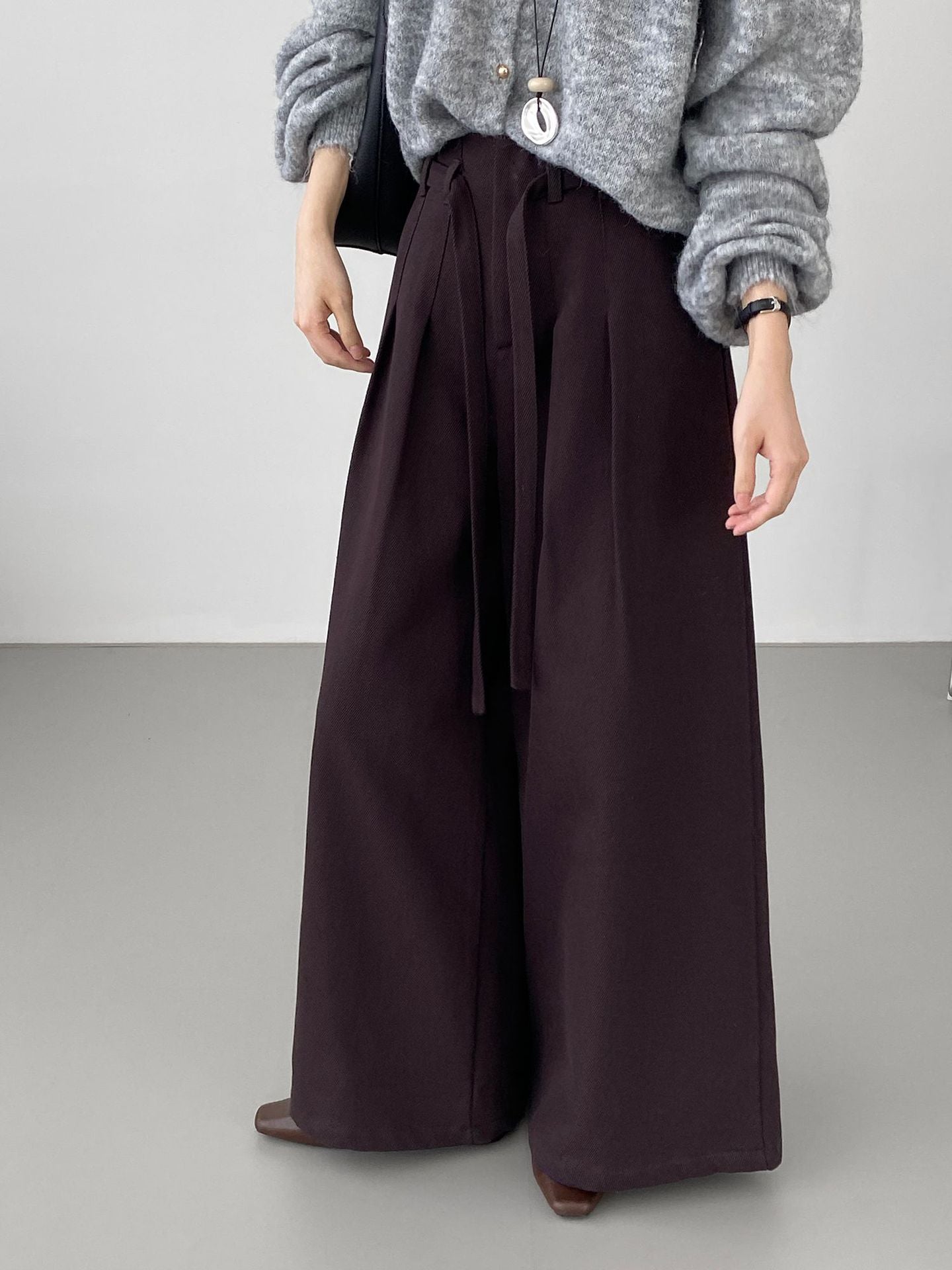 韓系簡約天絲棉繫帶闊腿褲-2色