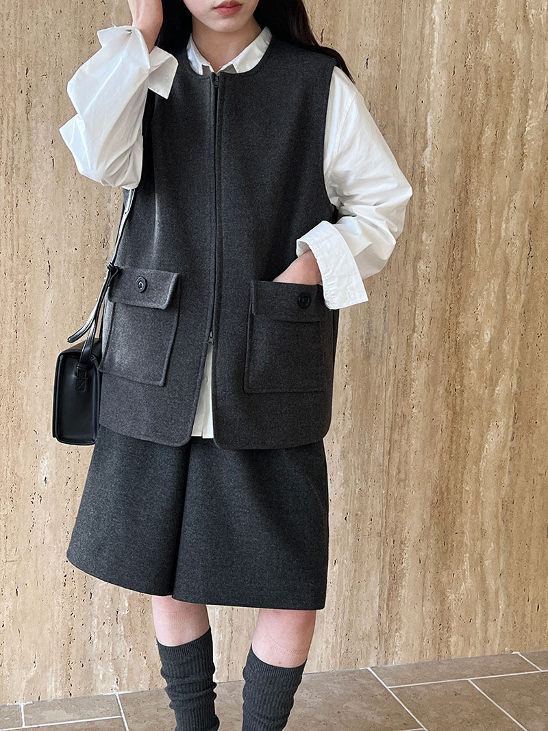 高級感寬鬆毛呢疊穿氣質圓領馬甲