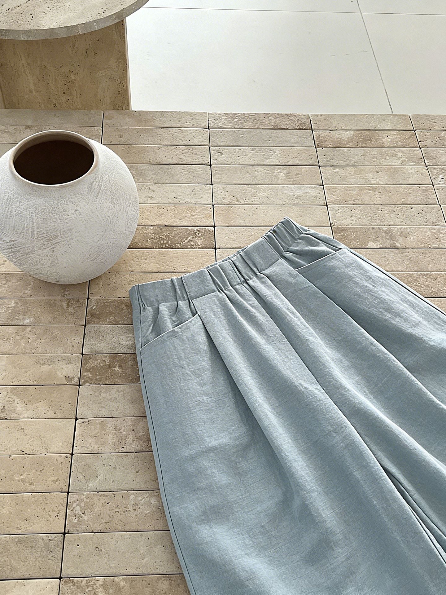 韓系亞麻垂墜感鬆緊腰闊腿褲-3色