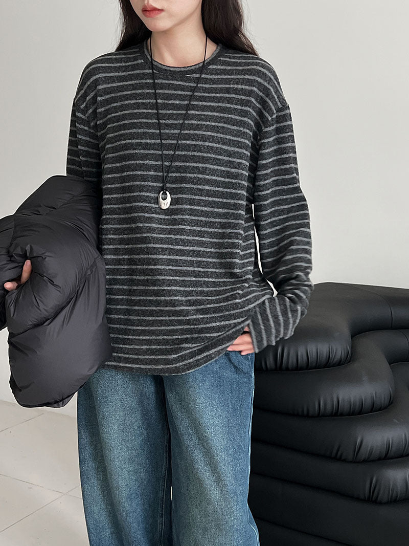 肌理感磨毛撞色條紋慵懶感寬鬆長袖上衣