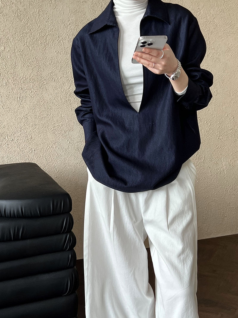 輕熟仿牛仔時尚外搭疊穿V領襯衫