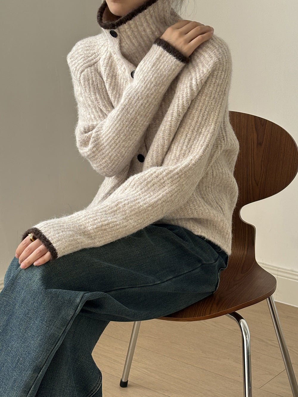 (48H出貨)韓系慵懶撞色翻領單排扣毛衣開衫外套-4色