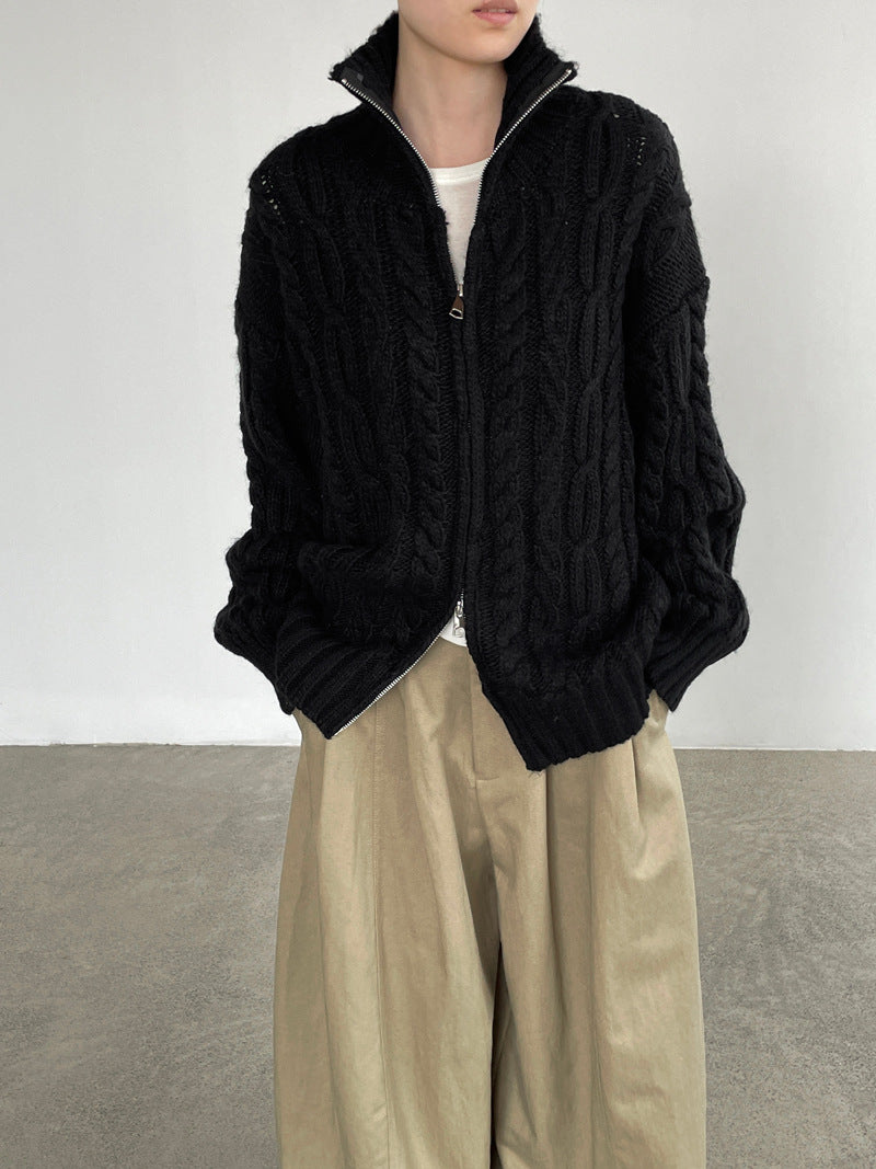 慵懶風立領拉鍊絞花粗針針織開衫-2色