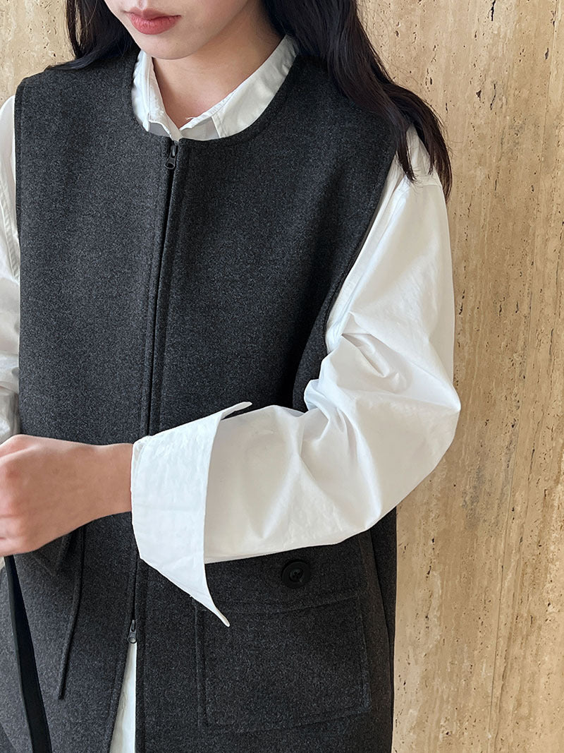高級感寬鬆毛呢疊穿氣質圓領馬甲