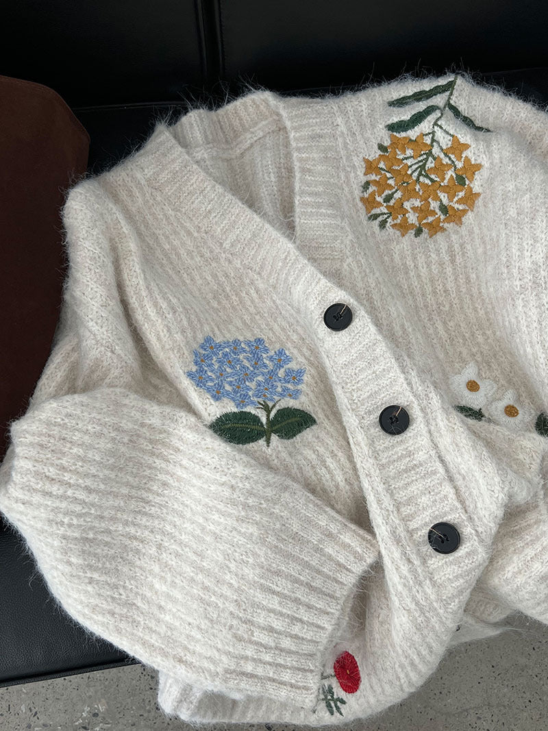 韓系復古軟糯花卉刺繡針織開衫外套-4色